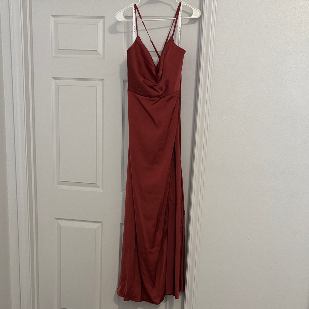 Azazie Rust Maxi Satin Dress Bridesmaid
